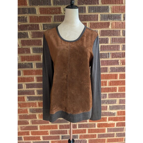 Ecru Suede Front Long Sleeve Sweater-Crew Neck-Brown/Grey-Size XL - Picture 1 of 8